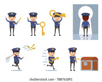 Set of policeman characters posing with keys. Cheerful police officer holding giant golden key, opening chest and showing other actions. Flat style vector illustration