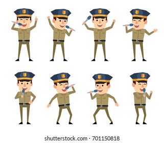 Set of policeman characters posing with microphone in various situations. Cheerful police officer singing. Simple vector illustration