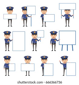 Set of policeman characters posing with various blank signboards. Funny police officer holding paper, banner, placard, pointing to whiteboard. Simple vector illustration