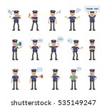 Set of policeman characters showing different actions, emotions. Police officer karaoke singing, dancing, sleeping, holding banner, loudspeaker and doing other actions. Simple vector illustration