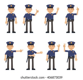 Set of policeman characters showing different hand gestures. Cheerful police officer showing thumb up gesture, greeting, waving, this way, pointing, victory hand. Flat style vector illustration