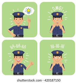 Set of policeman characters showing different facial expressions. Cheerful policeman pointing up, surprised, laughing, showing thumb up gesture. Emoticon, emoji. Flat style vector illustration