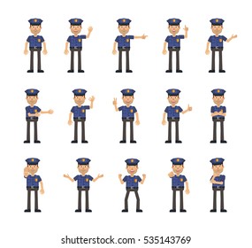 Set of policeman characters showing different hand gestures. Police officer showing thumb up gesture, pointing, greeting, victory, stop sign and other hand gestures. Simple vector illustration