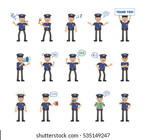 Set of policeman characters showing different actions, emotions. Police officer karaoke singing, dancing, sleeping, holding banner, loudspeaker and doing other actions. Simple vector illustration