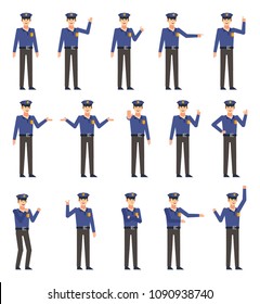 Set of policeman characters showing various hand gestures. Police officer pointing, greeting, showing thumb up, victory hand and other gestures. Flat design vector illustration