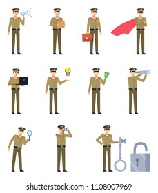 Set of policeman characters showing various actions. Policeman holding loudspeaker, spyglass, binoculars, magnifying glass, pointing to idea and showing other actions. Flat design vector illustration