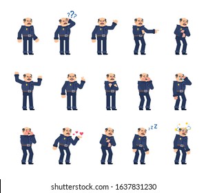 Set of policeman characters showing various emotions, expressions. Old police officer laughing, crying, tired, sleeping and showing other emotions. Flat design vector illustration