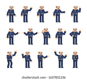 Set of policeman characters showing various hand gestures. Old police officer pointing, showing thumb up, victory sign and other gestures. Flat design vector illustration