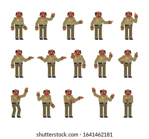 Set of policeman characters showing various hand gestures. Old indian police officer pointing, showing thumb up, victory sign and other gestures. Flat design vector illustration