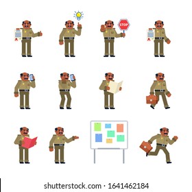 Set of policeman characters showing various actions. Old indian police officer holding stop sign, document, clipboard, running, walking and other actions. Flat design vector illustration