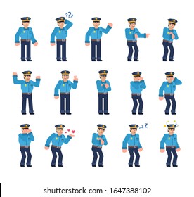 Set of policeman characters showing various emotions, expressions. Young police officer laughing, crying, tired, sleeping and showing other emotions. Flat design vector illustration