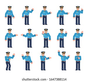 Set of policeman characters showing various hand gestures. Young police officer pointing, showing thumb up, victory sign and other gestures. Flat design vector illustration