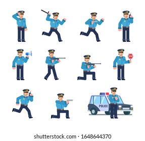 Set of policeman characters showing various actions. Police officer in blue shirt holding gun, pistol, running, patrolling and showing other actions. Flat design vector illustration