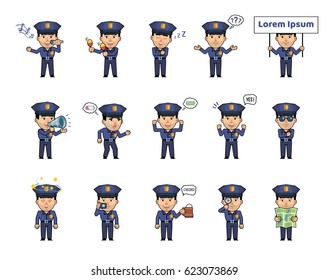 Set of policeman characters showing various actions, emotions. Police officer celebrating, sleeping, holding placard, loudspeaker, map, magnifier and doing other actions. Simple vector illustration