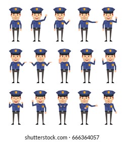 Set of policeman characters showing various hand gestures. Funny police officer pointing, greeting, showing thumb up, stop hand and other gestures. Simple vector illustration
