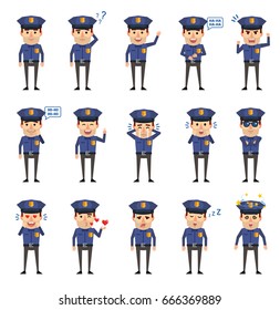 Set of policeman characters showing various emotions. Funny police officer laughing, crying, surprised, dazed, angry, in love and showing other emotions. Simple vector illustration
