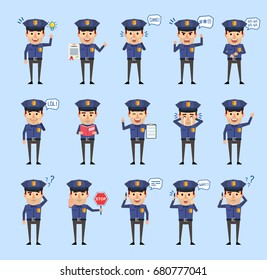 Set of policeman characters showing various actions and emotions. Funny policeman talking on phone, laughing, surprised, angry and showing other actions. Simple vector illustration