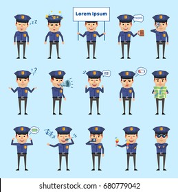 Set of policeman characters showing various actions and emotions. Funny policeman singing, sleeping, dazed, holding loudspeaker and showing other actions. Simple vector illustration 