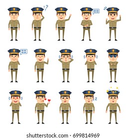 Set of policeman characters showing various facial expressions. Cheerful police officer laughing, crying, angry, surprised and showing other emotions. Simple vector illustration
