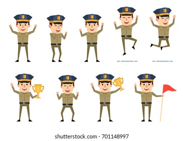 Set of policeman characters showing various success actions. Cheerful police officer celebrating, jumping, holding winners cup and showing other actions. Simple vector illustration