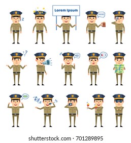 Set of policeman characters showing various actions. Cheerful police officer holding map, loudspeaker, singing and showing other actions. Simple vector illustration