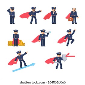 Set of policeman characters in super hero outfit showing various actions. Flat design vector illustration
