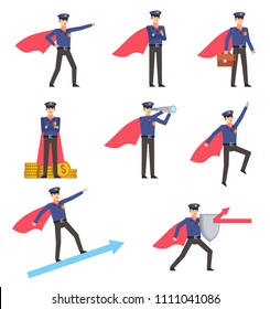 Set of policeman characters with superhero cloak showing various actions. Super policeman protecting, flying, holding spyglass and showing other actions. Flat design vector illustration