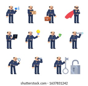 Set of policeman characters in various situations. Old police officer holding megaphone, laptop, magnifier, carrying box and showing other actions. Flat design vector illustration
