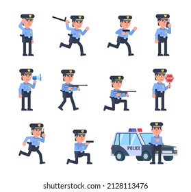 Conjunto de personajes de policía en varias situaciones. Oficial de policía llevando armas, fusiles, corriendo, disparando y mostrando otras acciones. Ilustración vectorial moderna