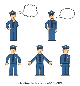set of policeman in different poses on white background