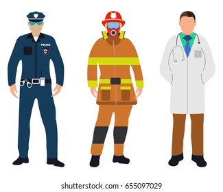 Set of Policeman, Doctor, Fireman flat icons. Service 911. Cartoon Vector illustration.
