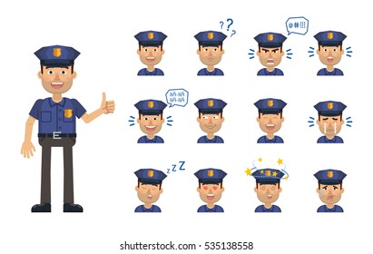 Set of policeman emoticons. Police officer avatars showing different facial expressions. Happy, sad, smile, laugh, cry, tired, surprised, in love and other emotions. Flat style vector illustration