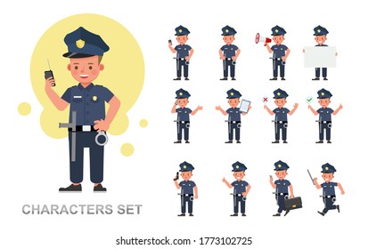 Set of Policeman kid working character vector design. Presentation in various action with emotions, running, standing and walking. 