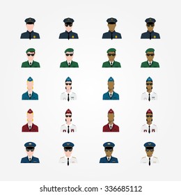 Set of policeman military pilot flight attendant woman in sunglasses officer, Major General, cop, trooper in flat style.