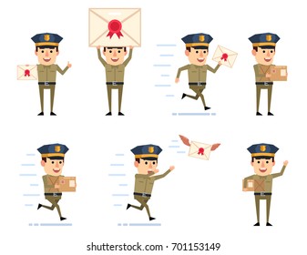 Set of policeman or postman characters posing with letter and parcel box in various situations. Simple vector illustration