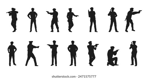 Set of policeman silhouette vector on white background, officer.