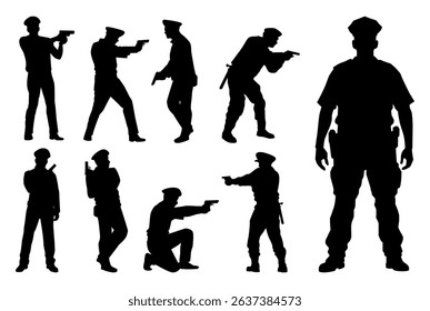 Set of policeman silhouette vector on white background, officer.