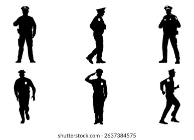Set of policeman silhouette vector on white background, officer.