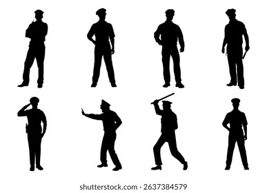 Set of policeman silhouette vector on white background, officer.