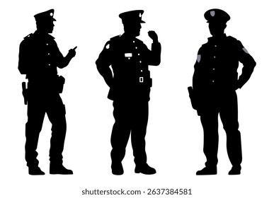Set of policeman silhouette vector on white background, officer.