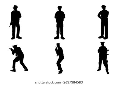 Set of policeman silhouette vector on white background, officer.