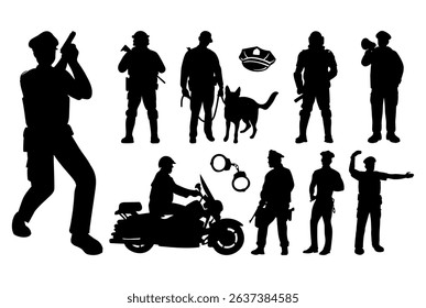 Set of policeman silhouette vector on white background, officer.