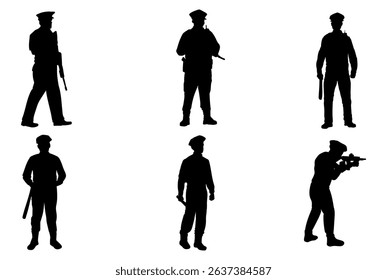 Set of policeman silhouette vector on white background, officer.