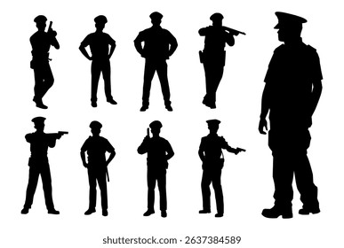 Set of policeman silhouette vector on white background, officer.