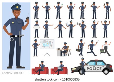 Set of Policeman working character vector design. Presentation in various action with emotions, running, standing and walking. 