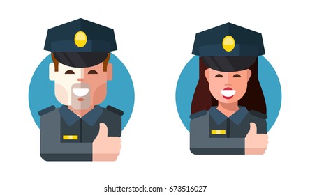 Set of policemans, man and woman. Vector illustration in a flat style