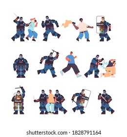 set policemen in full tactical gear riot police officers attacking street protesters during clashes demonstration control riots mass concept full length vector illustration
