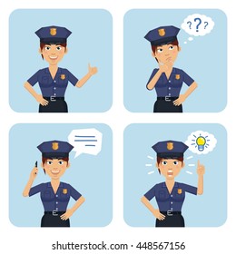 Set of policewoman characters posing in different situations. Cheerful police officer talking on phone, thinking, pointing up, showing thumb up gesture. Flat style vector illustration
