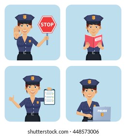 Set of policewoman characters posing in different situations. Cheerful police officer holding stop sign, clipboard, reading a book, working on laptop. Flat style vector illustration