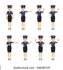 Set of policewoman characters showing different hand gestures. Cheerful police officer showing thumb up gesture, pointing, this way, victory hand, greeting, waving. Flat style vector illustration